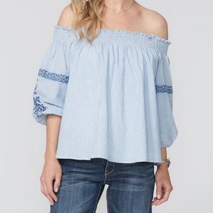 Stetson Pinstriped Embroidered Off Shoulder Top, Small